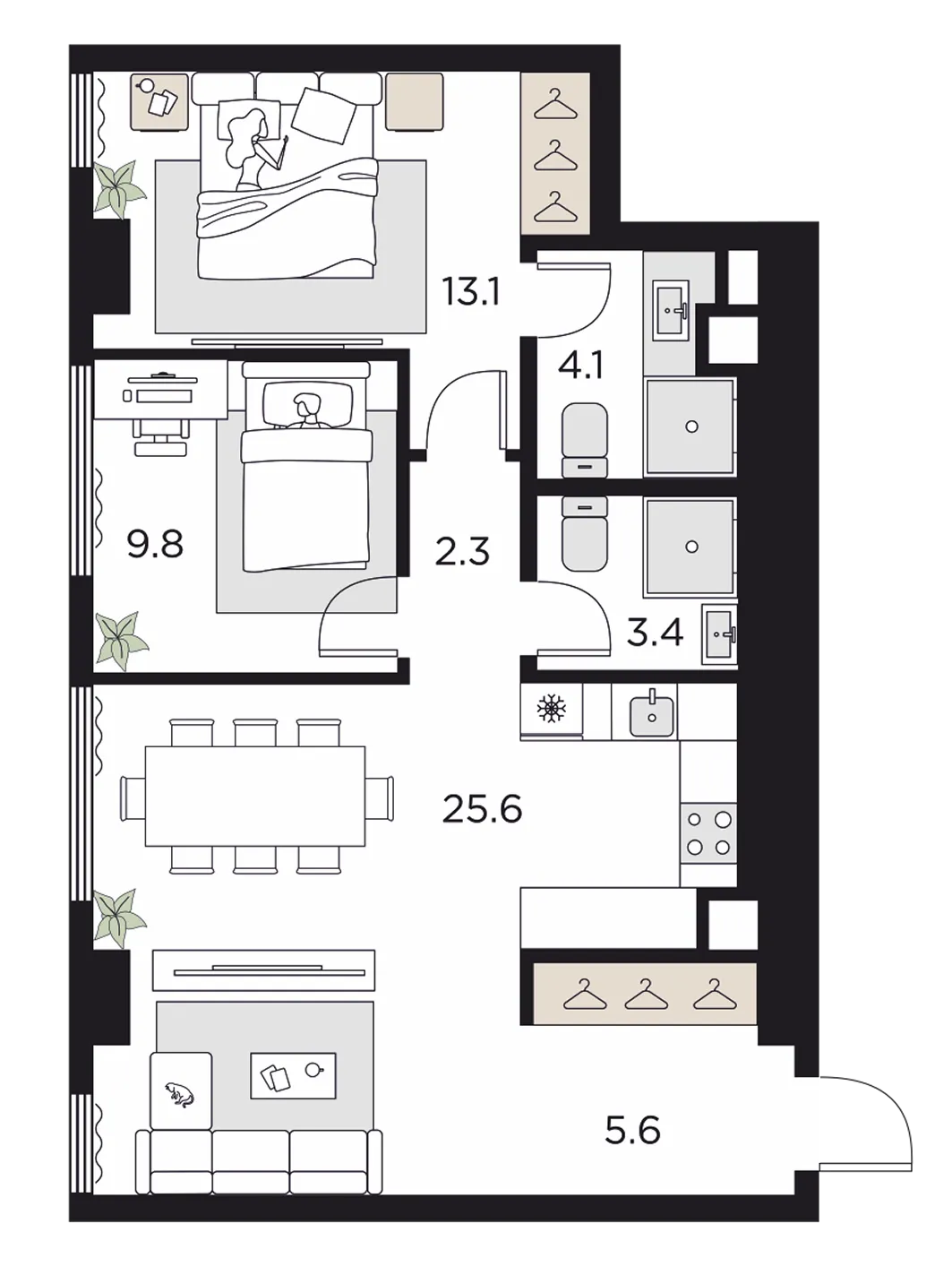 Трехкомнатная Евро